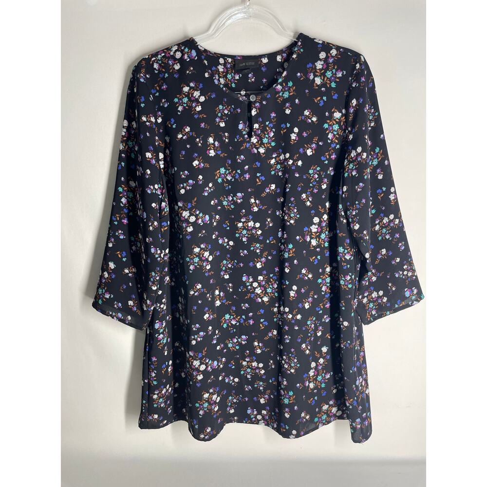 J.Jill Wearever Black Ditzy Floral Pleated Back 3/4 Sleeve Flowy Blouse Medium